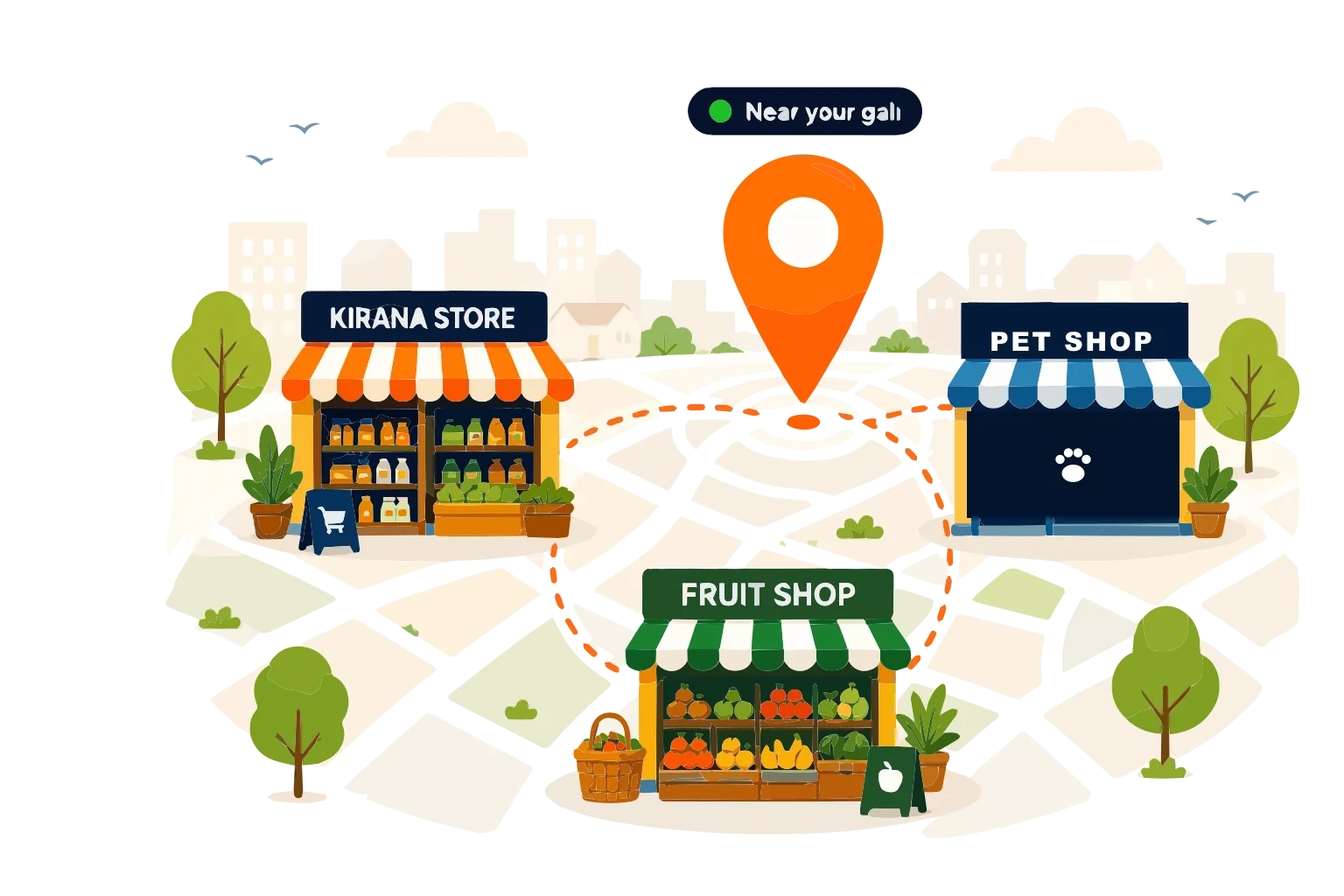 Nearby local shops near your gali — kirana, pet shop, and fruit shop